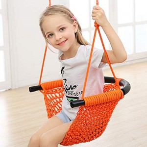 Kids Swing, Swing Seat for Kids with Adjustable Ropes, Hand-kitting Rope Swing Seat Great for Tree, Indoor, Playground, Background (Orange)