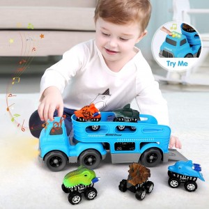 Baobë Dinosaur Toys Truck for 2 3 4 5 Years Old Kids Boys Girls, Transport truck Set with Music, 6 Play Vehicles in Friction Powered Carrier Truck, Cars Toys Gift for Toddlers,Most Popular Toys for 5-8