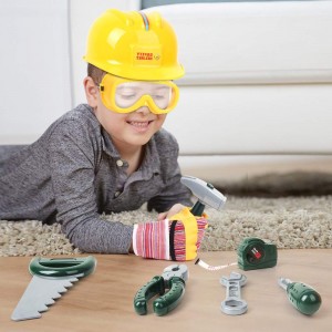 BeebeeRun 10 Pcs Kids Toy Tools Set with Real Tools, Pretend Play Toy Construction Tools Kit with Hard Hat, Tape Measure and Hand Tools Accessories, Realistic Plastic Kids Playset for 3 4 5 6 7 Years