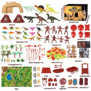 LBLA Dinosaur Toys Realistic Dinosaur Primitive Humans Figures Tools Food Plant Cave Activity Play Mat to Explore The Stone Age 140Pcs for Kids Boys Girls Ages 3 Up