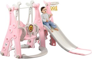 Ealing 4-in-1 Pink Toddlers Slide and Swing Basketball Set,for Kids Taking Exercise Playing Climber Sliding Playset,Safe Slide for Children,Easy Set Up for Indoor Outdoor in Your Beautiful Backyard
