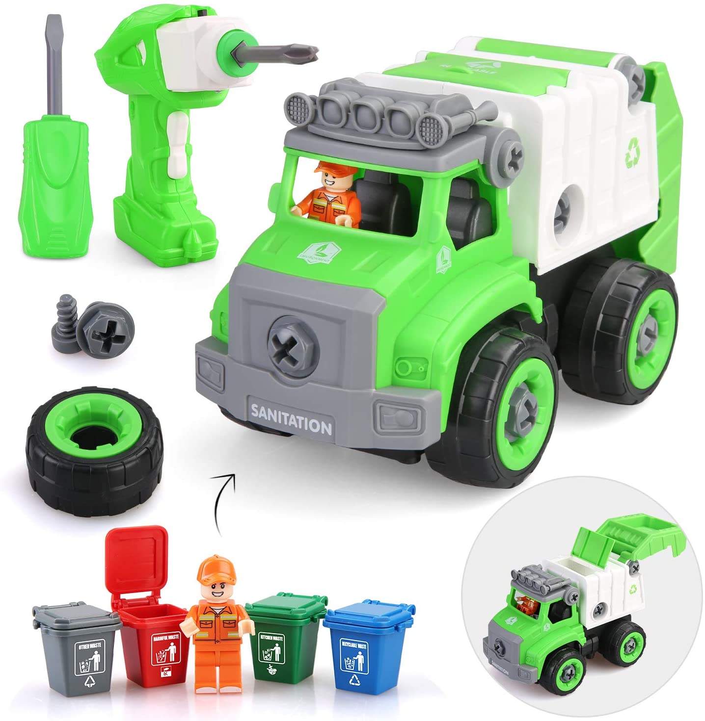 Fast delivery Wooden Garbage Truck Toy - BeebeeRun Take Apart Toys with Electric Drill ,Remote Control Garbage Truck Toys for Boys Girls and Toddlers, Trash Truck Toys with Garbage Cans for Kids,G...