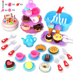 Baobë Kids Tea Set Pretend Play Food Set, DIY 80 PCS Cutting Birthday Cake Ice Cream and Donuts Food Toys-Educational Play Kitchen Set Toy for 3 4 5 6 Years Old Kids, Boys and Girls