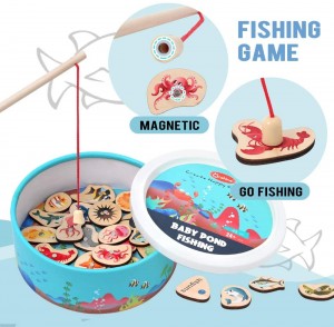 Arkmiido Magnetic Fishing Game, Wooden Fish Magnet Toy, 2 Players Game with 20 PCS Wood Ocean Animal Magnets, 20 Fish Knowledge Cards and 2 Poles, Toy Recommended for 2 3 4 5 6 years old Toddlers