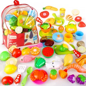 BeebeeRun Cutting Pretend Play Food with Clear Back-Pack, 41 Pcs Toy Kitchen Set, Food Learning Toys for 3 4 5 6 7 Years Old Toddler Boys and Girls