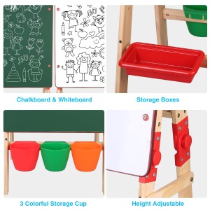 Arkmiido Kids Easel Double-Sided, Wooden Chalkboard Multifunction 2 in 1, Blackboard Whiteboard with Painting Accessories Storage Box Cups, Art Table Desk, Educational Toy Gift for Children Boy Girl
