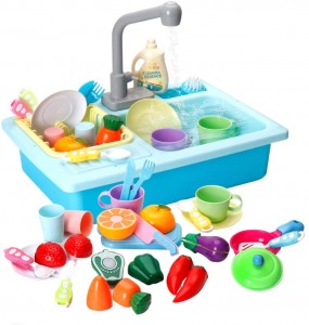 LBLA Kitchen Sink Toys, 28PCS Pretend Play Wash Up Kitchen Toys ,Dishwasher and Cutting Toys , Automatic Water Cycle System Play House Pretend Role Play Toys for 3+ Years Boys Girls
