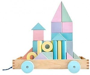 Wooden Building Blocks Cart Toys for Toddlers Kids Baby, Educational Game Set, Macaron Construction Bricks Puzzle Board Car Toy Children Birthday Gift (Pink)