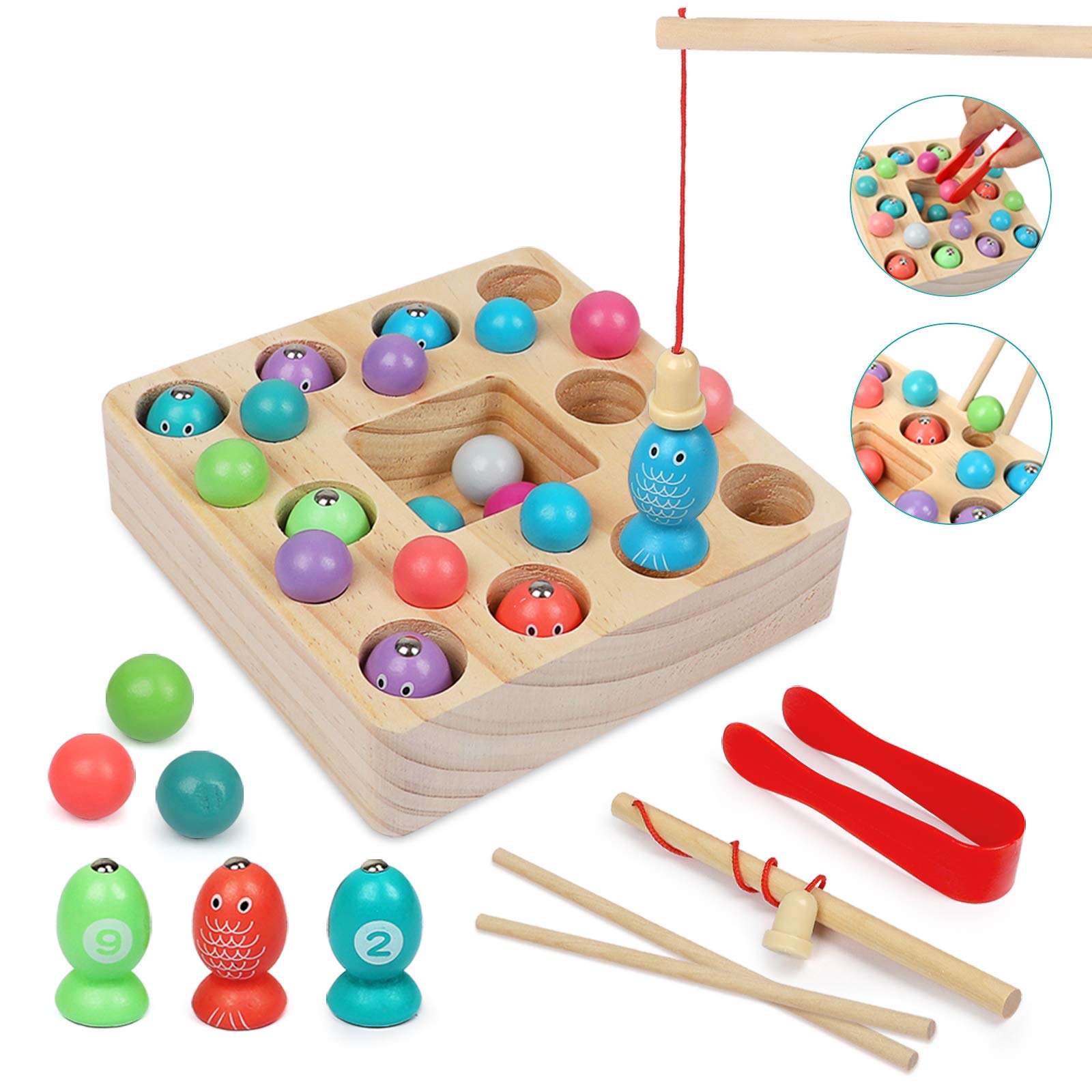 Trending Products Small Plastic Toys - LBLA 3 in 1 Wooden Magnetic Fishing Game Board Clip Bead Game Fine Motor Skill Toy Number Blocks Puzzle Montessori Educational Toys for Kids with 2 Fishing R...