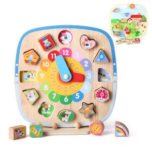 BeebeeRun Wooden Clock Toy 5 in 1 Educational Teaching Learning Clock with Shape Color Sorting Puzzle and Numbers for Boys and Girls Toddler Baby Kids 1 2 3 4 years old