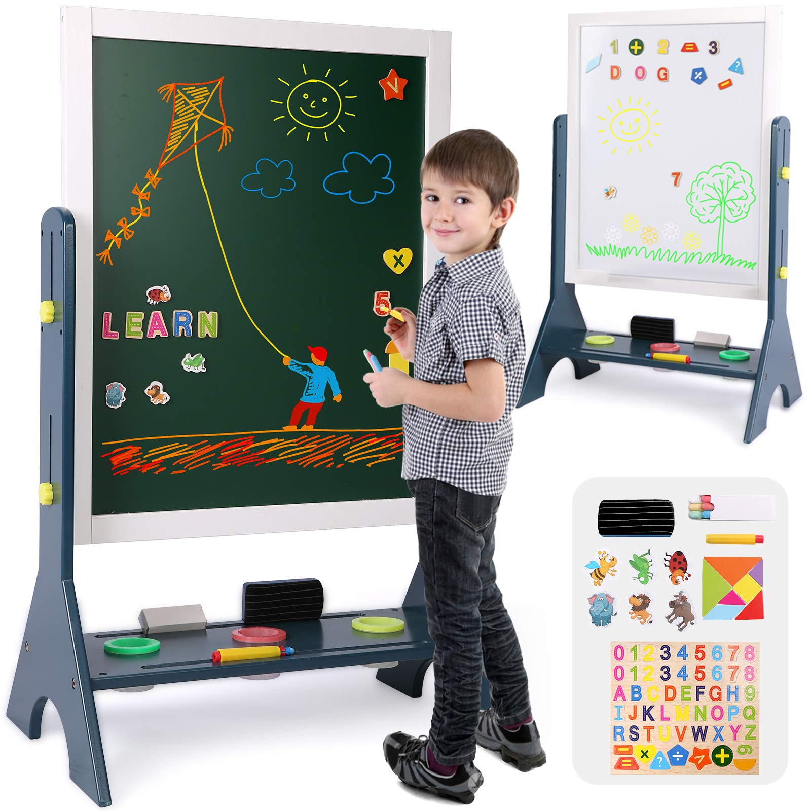 Kids 2-in-1 Wooden Art Easel,Double-Sided Magnetic Adjustable Standing Easel,Big Writing and Drawing Whiteboard & Chalkboard with Magnetic Letters and Numbers Accessories for Boys Girls Featured Image