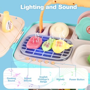 BeebeeRun Kids Play Kitchen Picnic Playset,Portable Picnic Basket Toys with Musics & Lights,Color Changing Play Food,Kitchen Sink Toys and Pretend Play Oven,Kitchen Toy Sets Gift for Kids Boys Girls