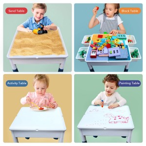Multi Activity Kids Table & Chairs Set with Storage Compatible Bricks Toy with 144Pcs Large Building Blocks Drawing Board & Water Table & Sand Table & Play Table for Boys Girls