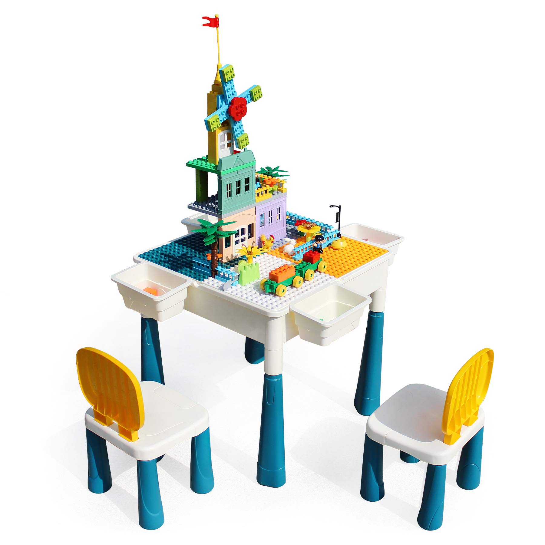 Factory Cheap Robot Toys For Kids - Multi Activity Kids Table & Chairs Set with Storage Compatible Bricks Toy with 144Pcs Large Building Blocks Drawing Board & Water Table & Sand Table...