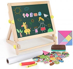 Kids Tabletop Easel with Paper Roll Double-Sided Whiteboard & Chalkboard Tabletop Easel with Magnetic Letters & Numbers and Other Magnetic Puzzle Accessories for Kids and Toddlers
