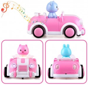 Pink Cartoon Remote Control Car,Electric Radio Control RC Race Car Toys with Music Lights and Animal Gift for Babies Toddlers Kids Boys Girls