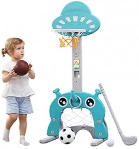 Basketball Hoop for Kids 5 in 1 Sports Activity Center Grow-to-Pro Adjustable Easy Score Basketball Hoop Football / Soccer Goal Golf Game Ring Toss Best Gift for Kids Baby Infant Toddler（LQ0130)