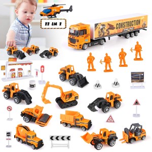 27 in 1 Kids Construction Vehicles Truck Cars Toys with Play Mat,Mini Engineering Diecast Pull Back Cars Alloy Truck Playset and 12 Road Signs for Boy Toddlers Birthday Christmas Party Gift Age 3+