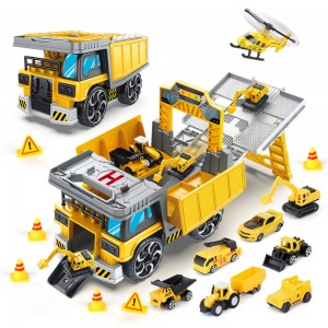 13 in 1 Construction Vehicles Truck Transport Car Carrier Toy, with Helicopter, Ladder car,Dumper truck, Excavator, Removable Engineering vehicles Parts, Learning Toys Car Gift Set for Kids Boys Girls