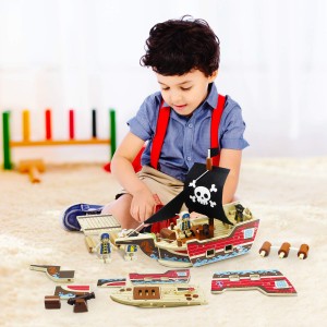 Ealing Wooden Pirate Ship Toy 31pcs Building Playset Model Ships for Kids Creative Building Toys Wood Craft Kits for Children Who Like Adventures Birthday for Kids Ages 3 Years and Up