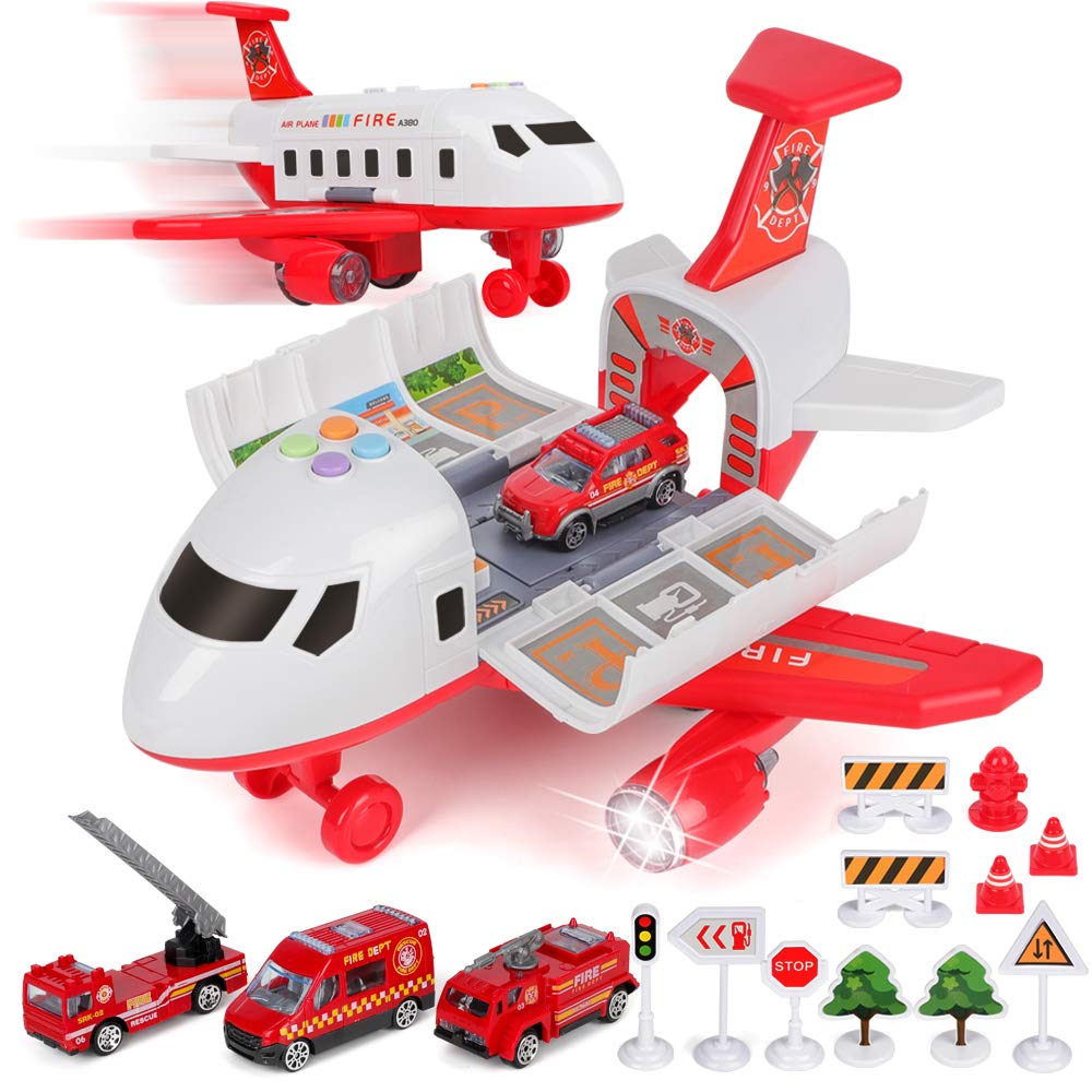 Wholesale Price Educational Toys Handmade - BeebeeRun Car Toy Set Cargo Plane with 4 Fire Fighting Vehicles and 11 Road Signs, Transport Airplane Toys w/Lights & Sounds for 3+ Years Old Boys a...