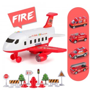 BeebeeRun Car Toy Set Cargo Plane with 4 Fire Fighting Vehicles and 11 Road Signs, Transport Airplane Toys w/Lights & Sounds for 3+ Years Old Boys and Girls, Kids Child Birthday Party Favor Gift