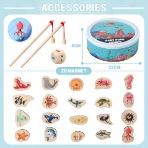 Arkmiido Magnetic Fishing Game, Wooden Fish Magnet Toy, 2 Players Game with 20 PCS Wood Ocean Animal Magnets, 20 Fish Knowledge Cards and 2 Poles, Toy Recommended for 2 3 4 5 6 years old Toddlers