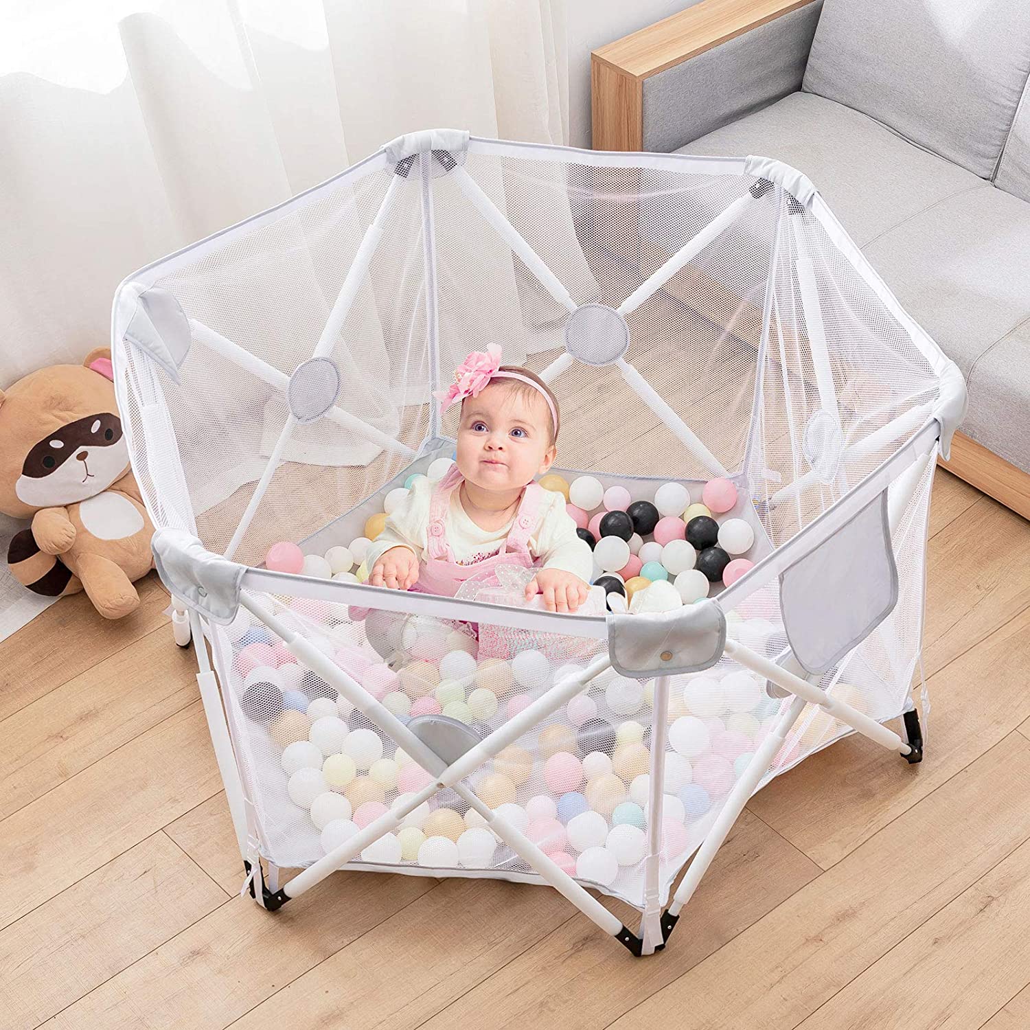 Arkmiido Baby playpen, Playpen for Baby Foldable and Portable, Hexagonal Folding Playpen with Breathable Mesh and Storage Bag, Indoor and Outdoor Play for 0-4 Ages (Grey) Featured Image