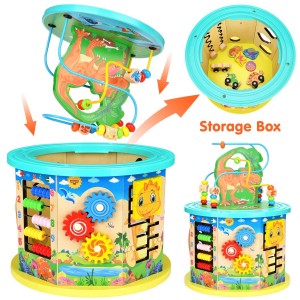 Wooden Activity Cube 11-in-1 Multifuction Bead Maze Dinosaur World Activity Center Educational Toy Boy and Girl Toddler Gift