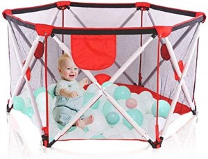 Arkmiido Baby playpen,Playpen for Baby Foldable and Portable, Hexagonal Folding Playpen with Breathable Mesh and Storage Bag, Indoor and Outdoor Play for 0-4 Ages (Red)