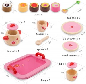 Wooden Toys Tea Set Kids, Play Tea Set Teapot, Tea Party Set Role Play Toy for Children Kids, 18 pcs, from 3 Years. (PINK)