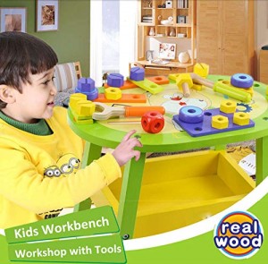 Arkmiido Kids Workbench Wooden Bear Master Workshop| Award Winning Kid’s Wooden Tool Bench Toy Pretend Play Creative Building Set, Solid Wood Toy Workbench Includes Tool Building Set