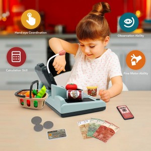 Cash Register Toy for Kids Shopping Pretend Play Calculator Set with 25pcs Accessories Includes Realistic Scanner & Sound & Microphone & Pretend Cred