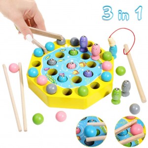 Arkmiido Montessori toys Magnetic fishing game toy with Pole Clip Chopsticks Educational Toy party play game for kids 3 4 5 Years old (YELLOW)