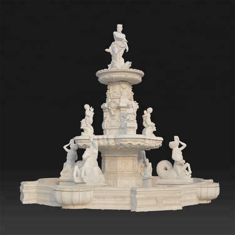 Cast stone marble water cake fountain in china with human sculpture