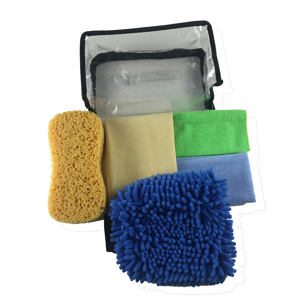 Professional portable car care cleaning set in car