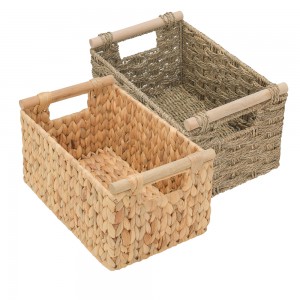 Hand-woven Natural Rectangular Basket With Wooden Handle