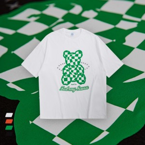 ECOGARMENTS Checkerboard Bear Doll Reflektierendes Stern-Ring-Druck-Kurzarm-T-Shirt für Herren