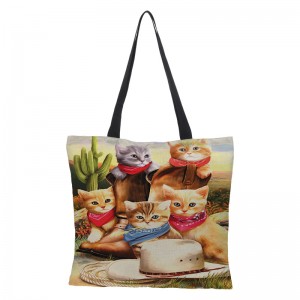 इको-फ्रेंडली डिजिटल प्रिंटिंग वॉटरप्रूफ कापूस आणि तागाचे तेल पेंटिंग मांजरी कापड पिशवी