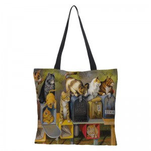 Eco-friendly digital printing waterproof cotton and linen oil painting cat cloth bag