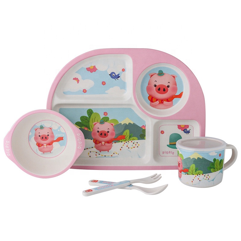 Cartoon green safe and easy to clean children's tableware set creative lightweight bamboo fiber meal bowl