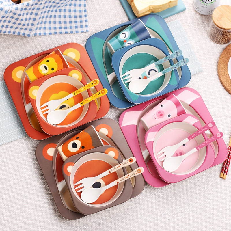 Cartoon cute split children's tableware set of five health and safety degradable bamboo fiber baby tray