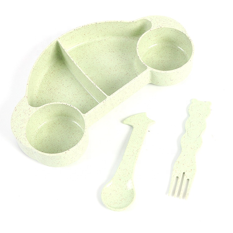 Cartoon portable bowl fork and spoon environmental protection tableware set wheat straw tableware set for children