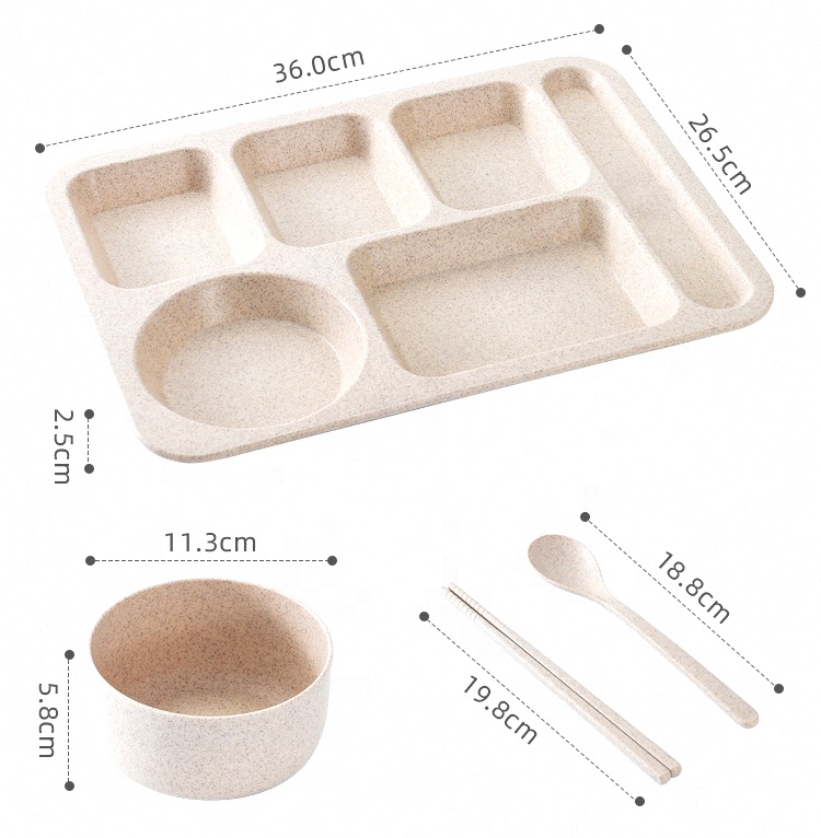 Fashionable pure color partition can microwave tray wheat straw environmental protection tableware set of four