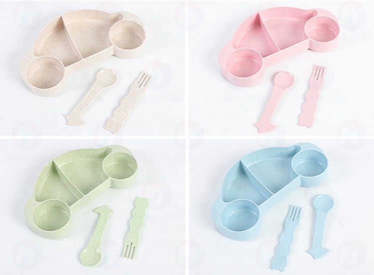 Cartoon portable bowl fork and spoon environmental protection tableware set wheat straw tableware set for children