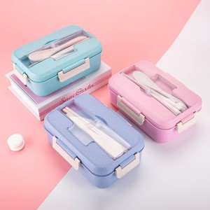 BPA free wheat straw plastic kids school bento lunch box food container with cutlery