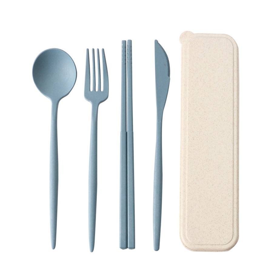 Portable eco friendly wheat straw plastic kids travel camping spoon fork cutlery tableware set with case