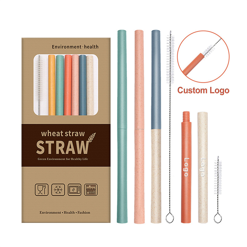 Custom Logo Reusable Detachable BPA FREE Eco Friendly Plastic Wheat Drinking Straws with Cleaning Brush