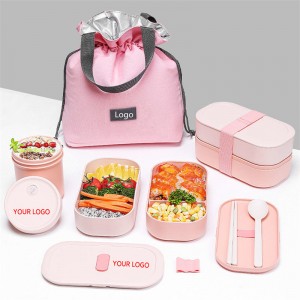 Microwaveable Portable Double Layer Eco Friendly BPA FREE Bamboo Fiber Bento Lunch Box Set with Bag for Kids Adults