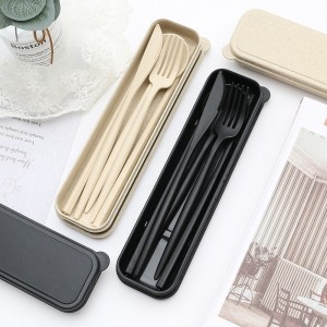 Black portable eco friendly wheat straw plastic kids travel camping spoon fork cutlery tableware set with case